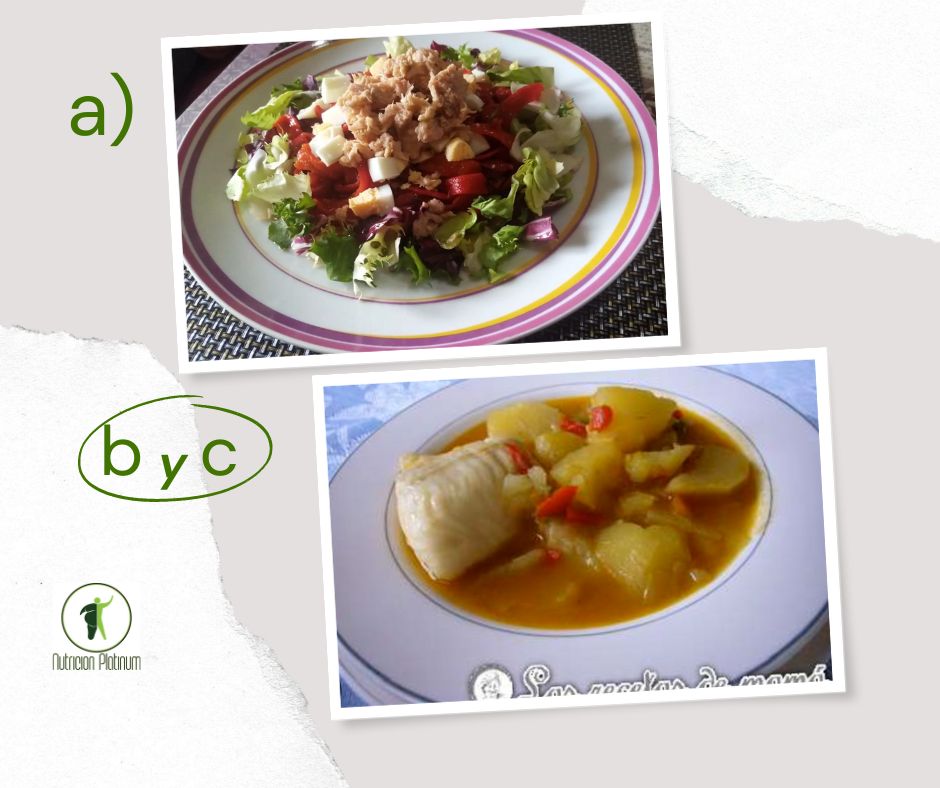 Ensalada de pimientos asados atún y huevo con marmita de merluza